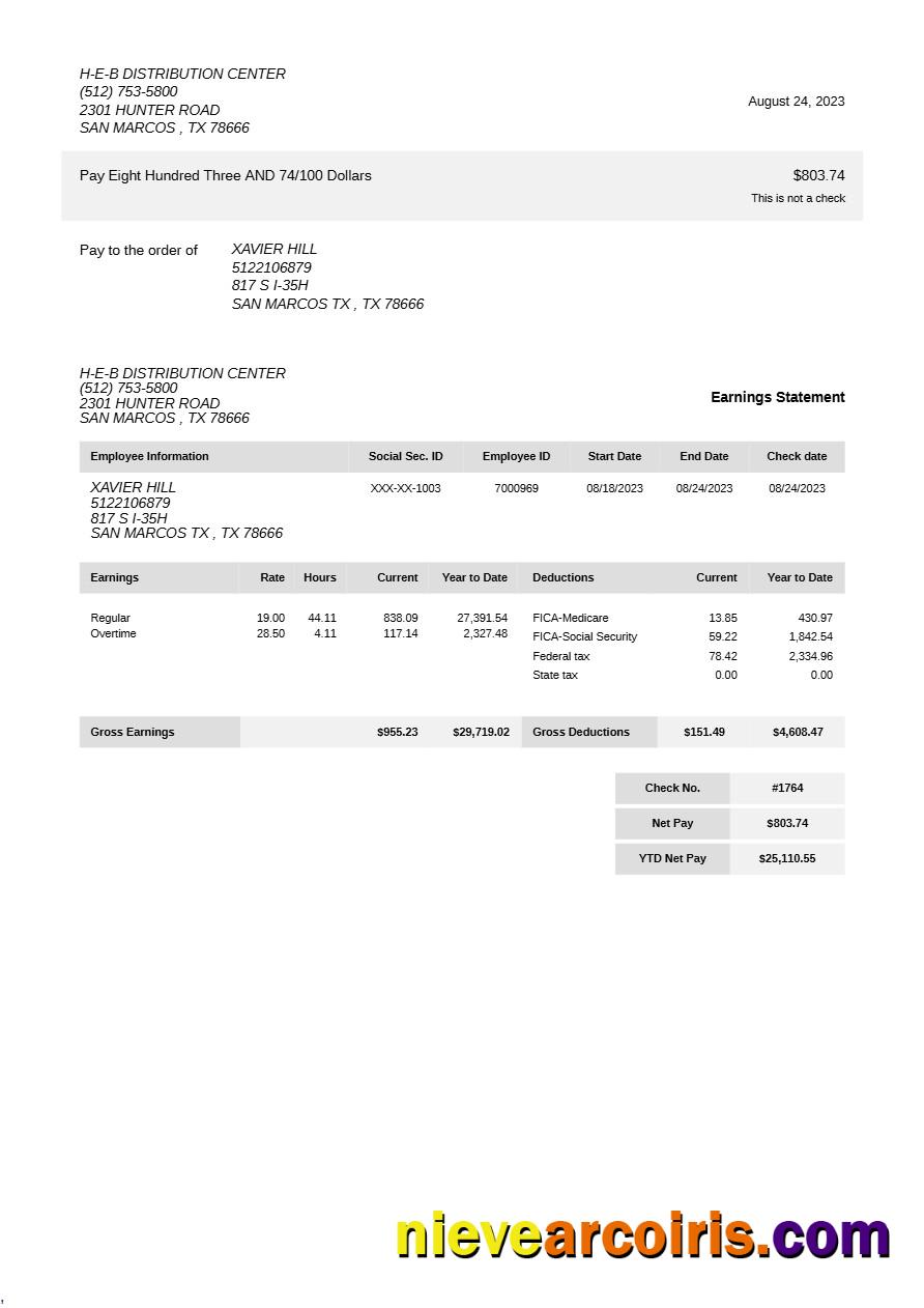 H-E-B Distribution Center earning statement 2